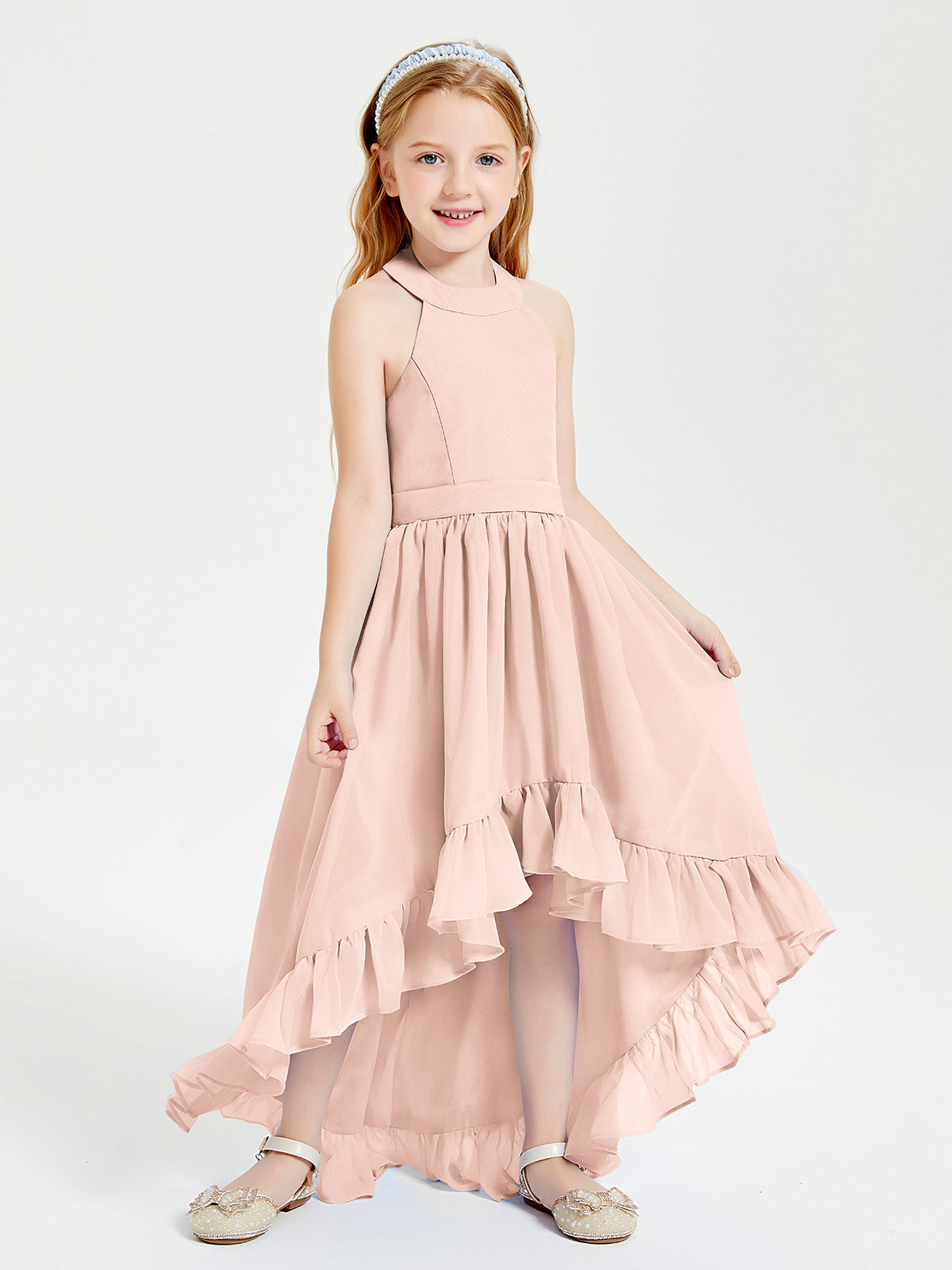 Trendy Boho Junior Bridesmaid Dresses Asymmetrical Cascading Skirt Pearl Pink